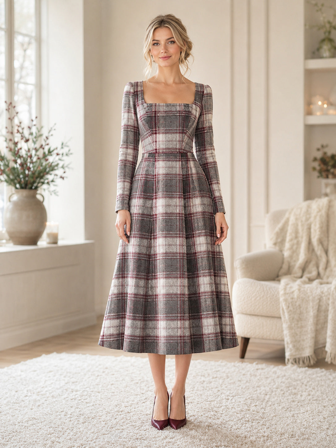 Grey Tartan Square Neck Long Sleeve Winter Midi Dress front view