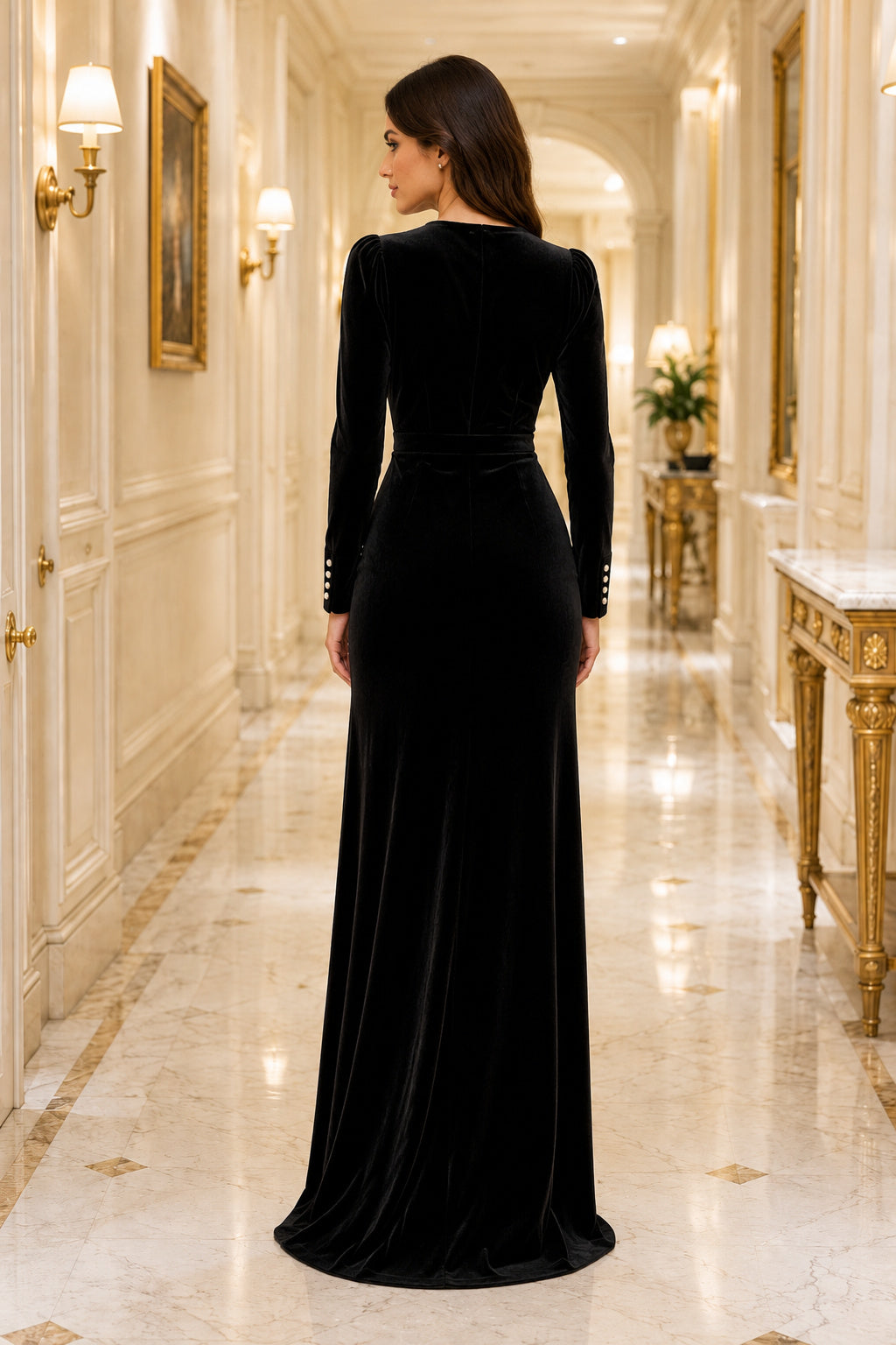 Black Long Sleeve Velvet Sheath Formal Dress back view