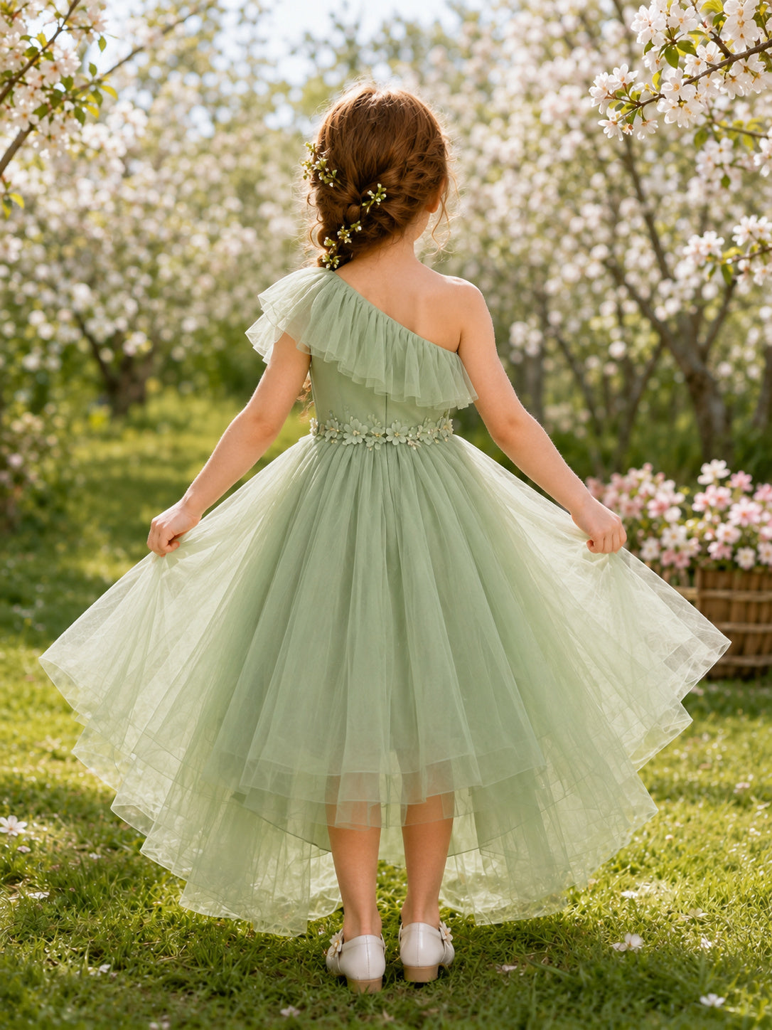 Flower Girl Dress Sage Tulle A-Line One Shoulder High Low Wedding Party Dress back view