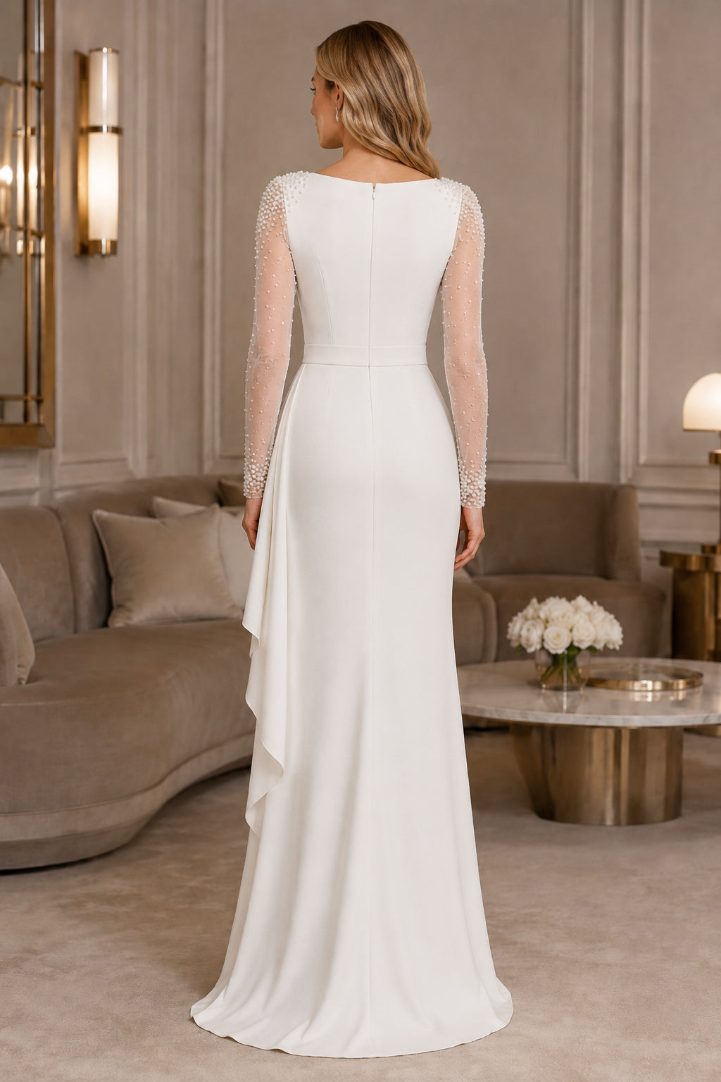 Ivory Long Sleeve Crepe Wedding Dress with Lace Sleeve Detail back view