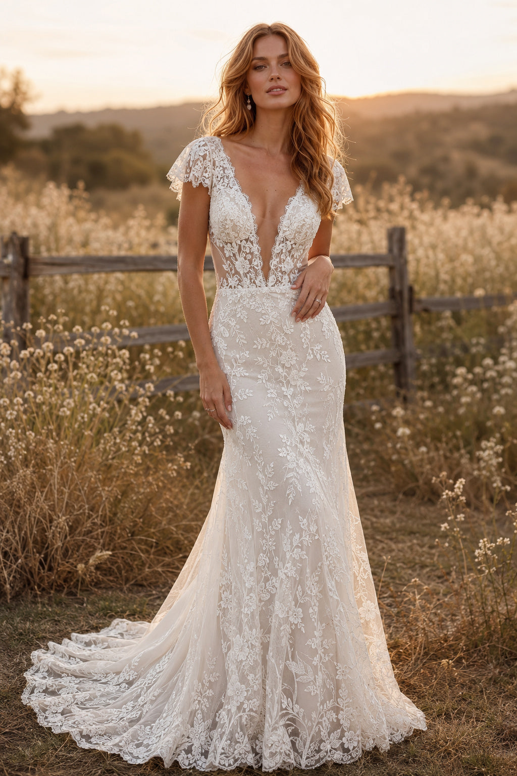 Ivory Sexy V-Neck Mermaid Allover Lace Wedding Dress with Cap Lace Sleeves and Sweep Train front view