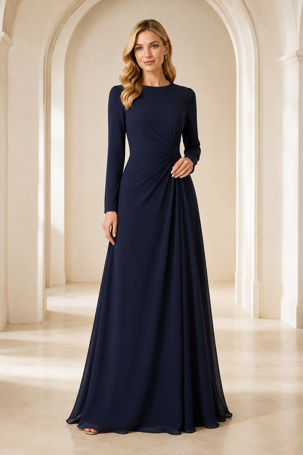 Dark Navy Long Sleeve A-Line Mother Dress with Bateau Neck front view