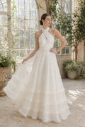 Wedding Ball Gown with Halter Neck, Open Back, and Tiered Tulle Skirt front view