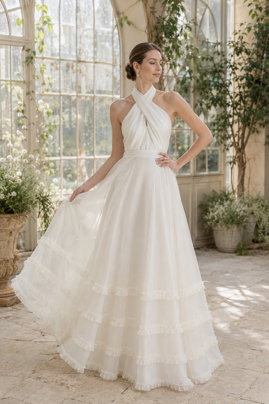 Wedding Ball Gown with Halter Neck, Open Back, and Tiered Tulle Skirt front view