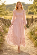 Blushing Pink Square Neck Long Sleeve Tea-Length Dress with Lace Hem front view