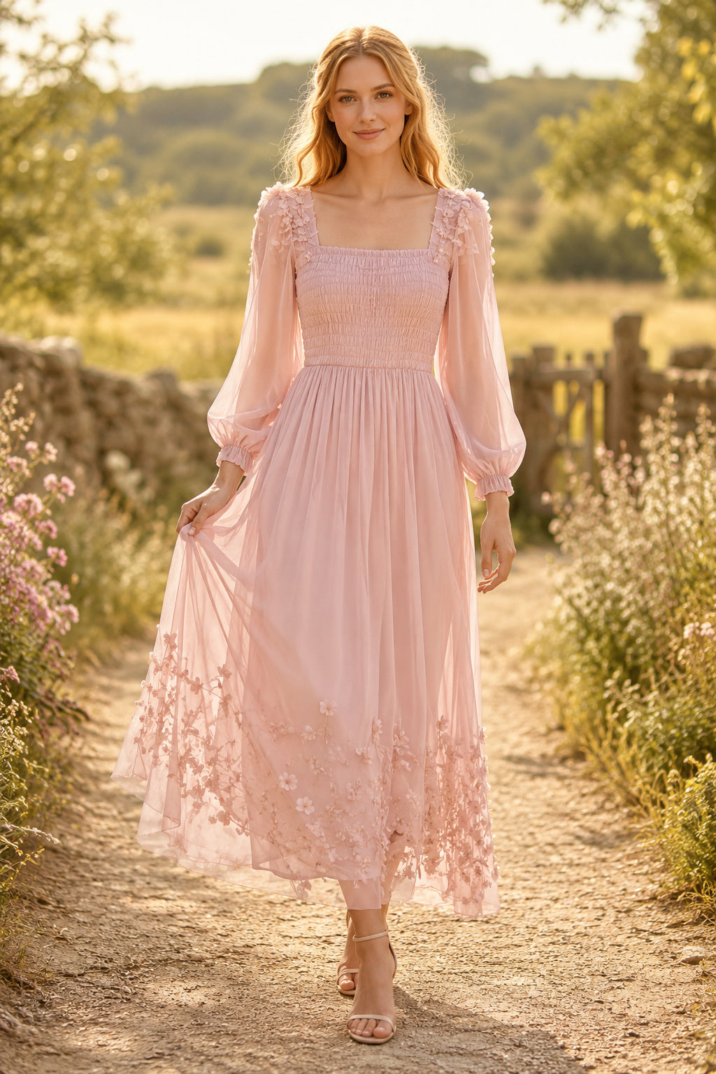 Blushing Pink Square Neck Long Sleeve Tea-Length Dress with Lace Hem front view