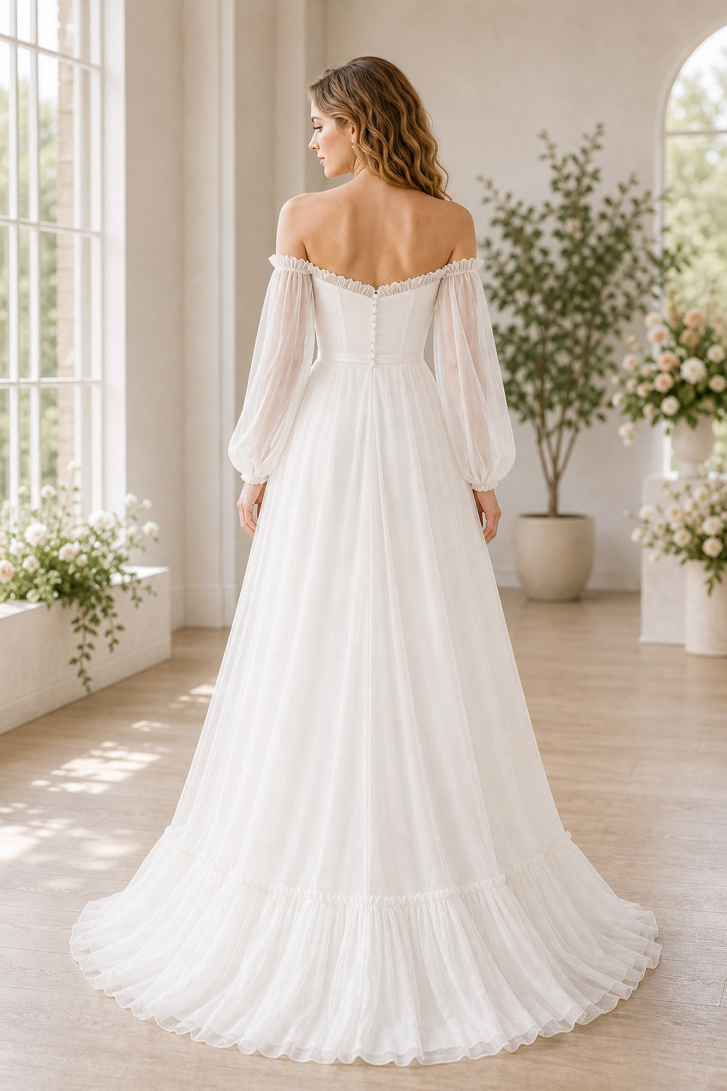 White V-neck Long Sleeves A-Line Lace Floor-length Wedding Dress With Lace and Open Back Lace Hem Detail