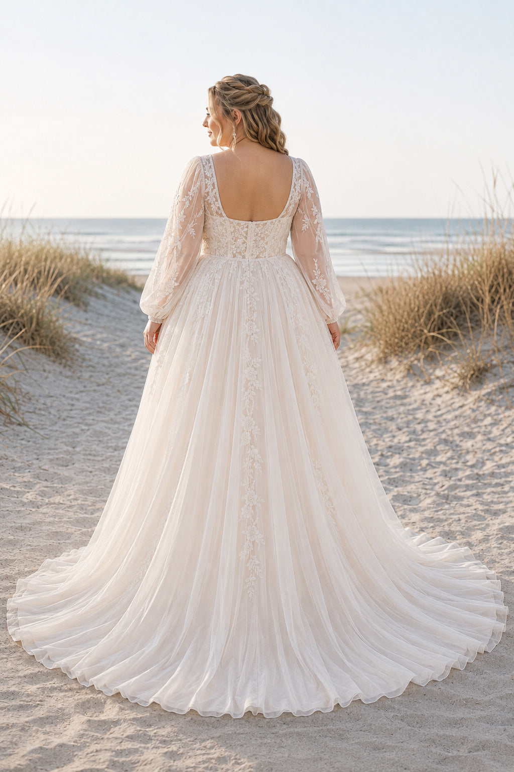 Plus Size Blushing Pink Square Neck Long Sleeve Tulle Wedding Dress back view