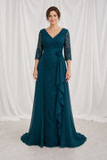 Teal V-neck Three-Quarter Sleeve A-Line Chiffon Floor-Length Dress With Lace Bodice
