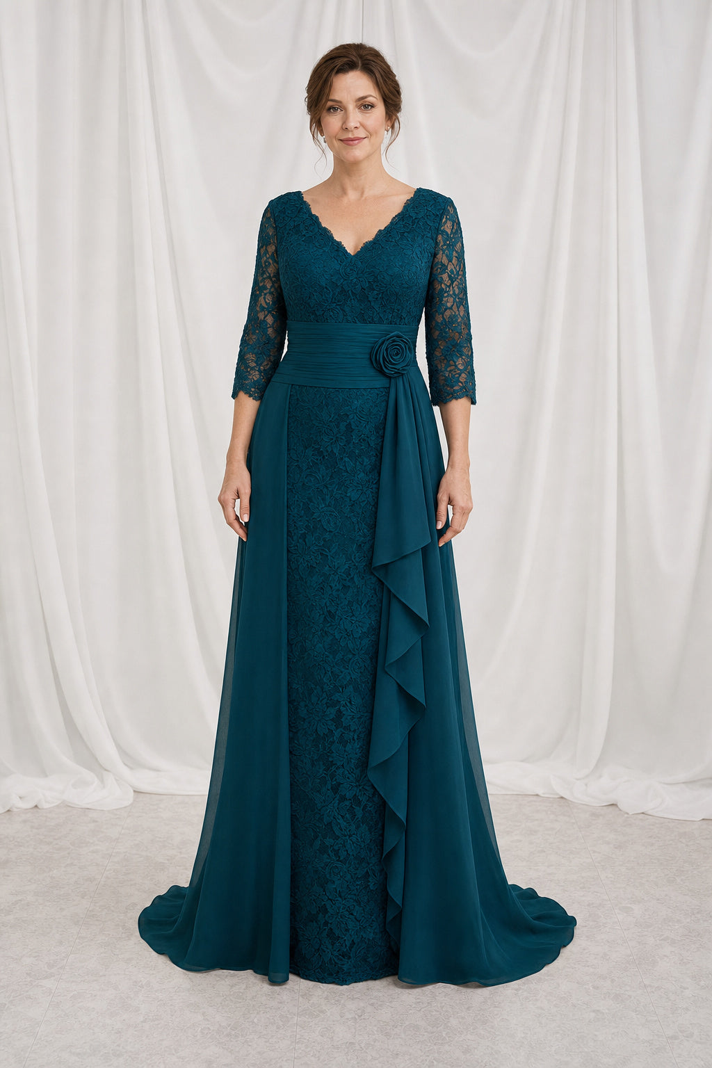 Teal V-neck Three-Quarter Sleeve A-Line Chiffon Floor-Length Dress With Lace Bodice