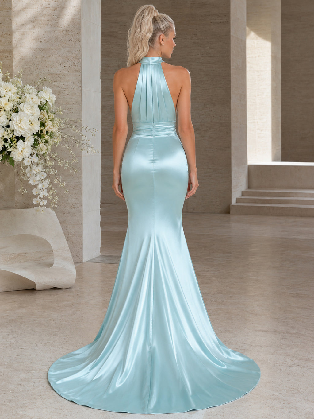 Aqua Satin High Halter Neck Mermaid Court Train Wedding Gown back view