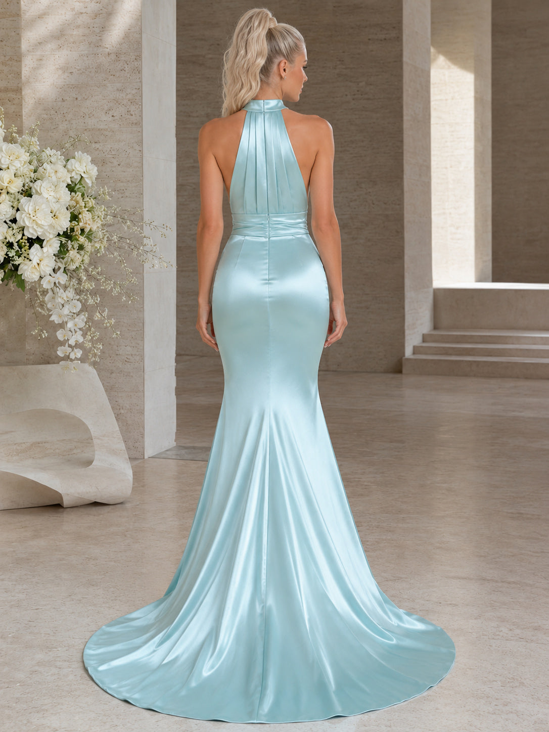 Aqua Satin High Halter Neck Mermaid Court Train Wedding Gown back view