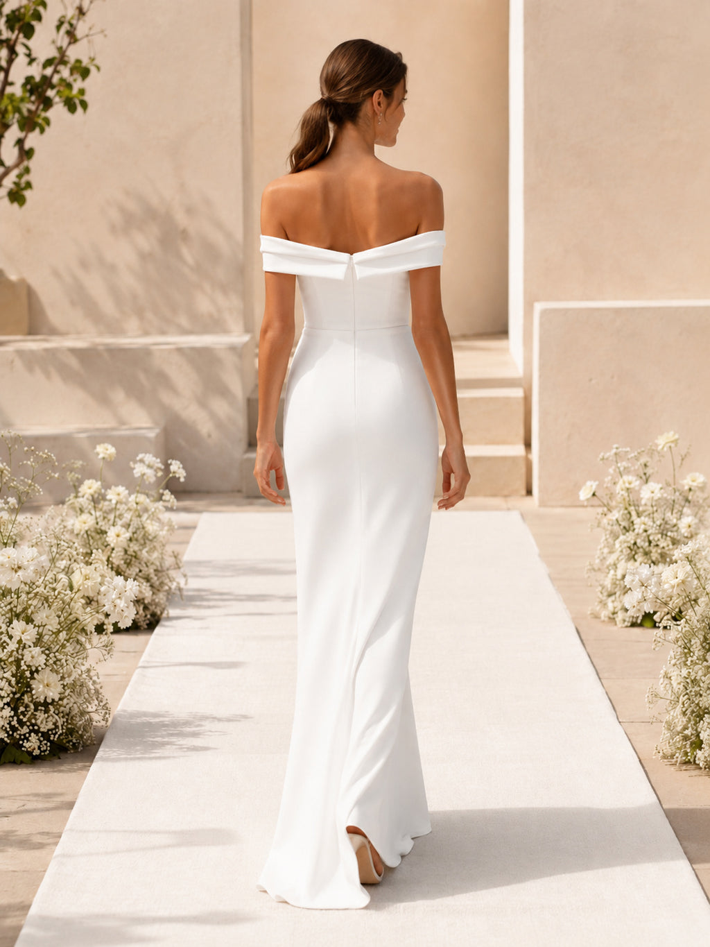White off shoulder crepe sheath floor length bridesmaid gown with slit back view
