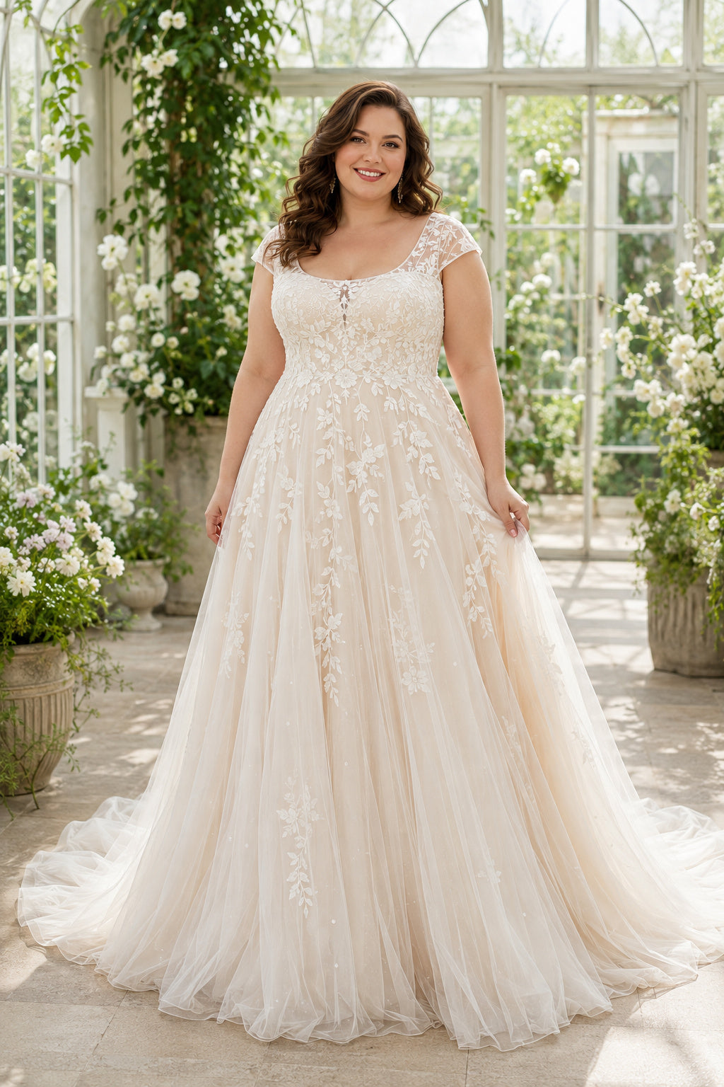 Plus Size Ivory V-Neck Cap Sleeve Lace Tulle A-Line Wedding Dress with Cap Sleeves and Lace Tulle Train front view