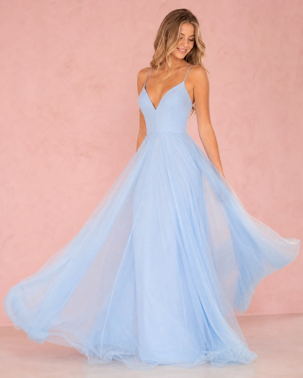 Light Blue Plunging V-Neck Floor-Length Tulle A-Line Dress