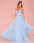 Light Blue Plunging V-Neck Floor-Length Tulle A-Line Dress