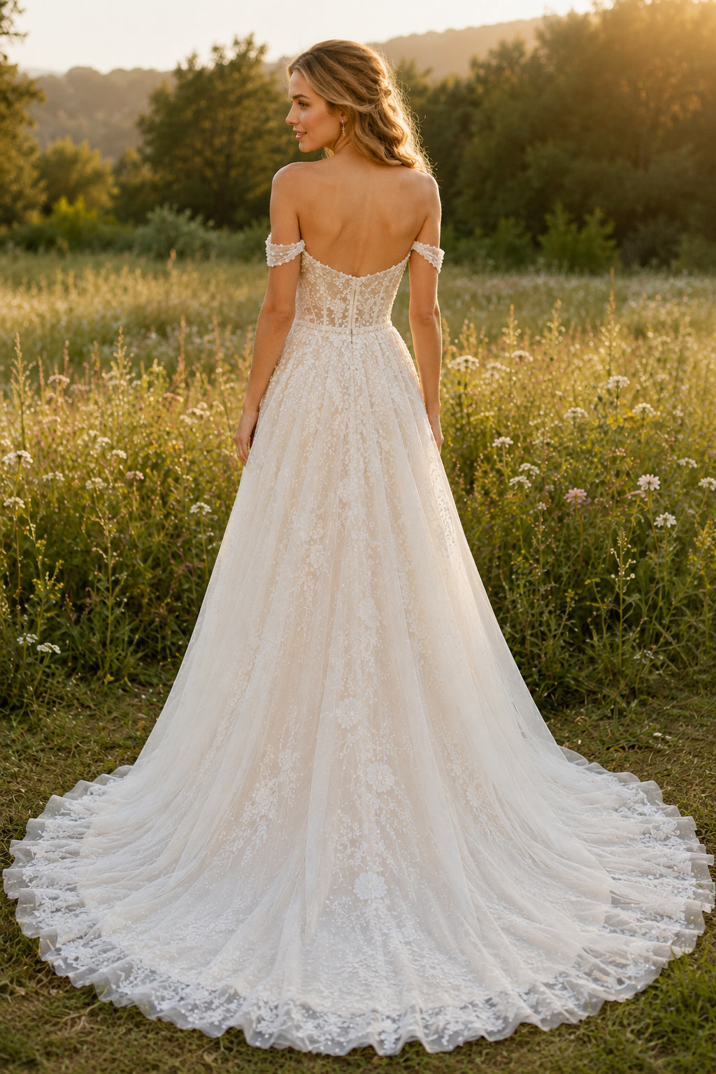 Ivory Off-the-Shoulder Lace Tulle A-Line Wedding Dress with Full Sweep Train back view