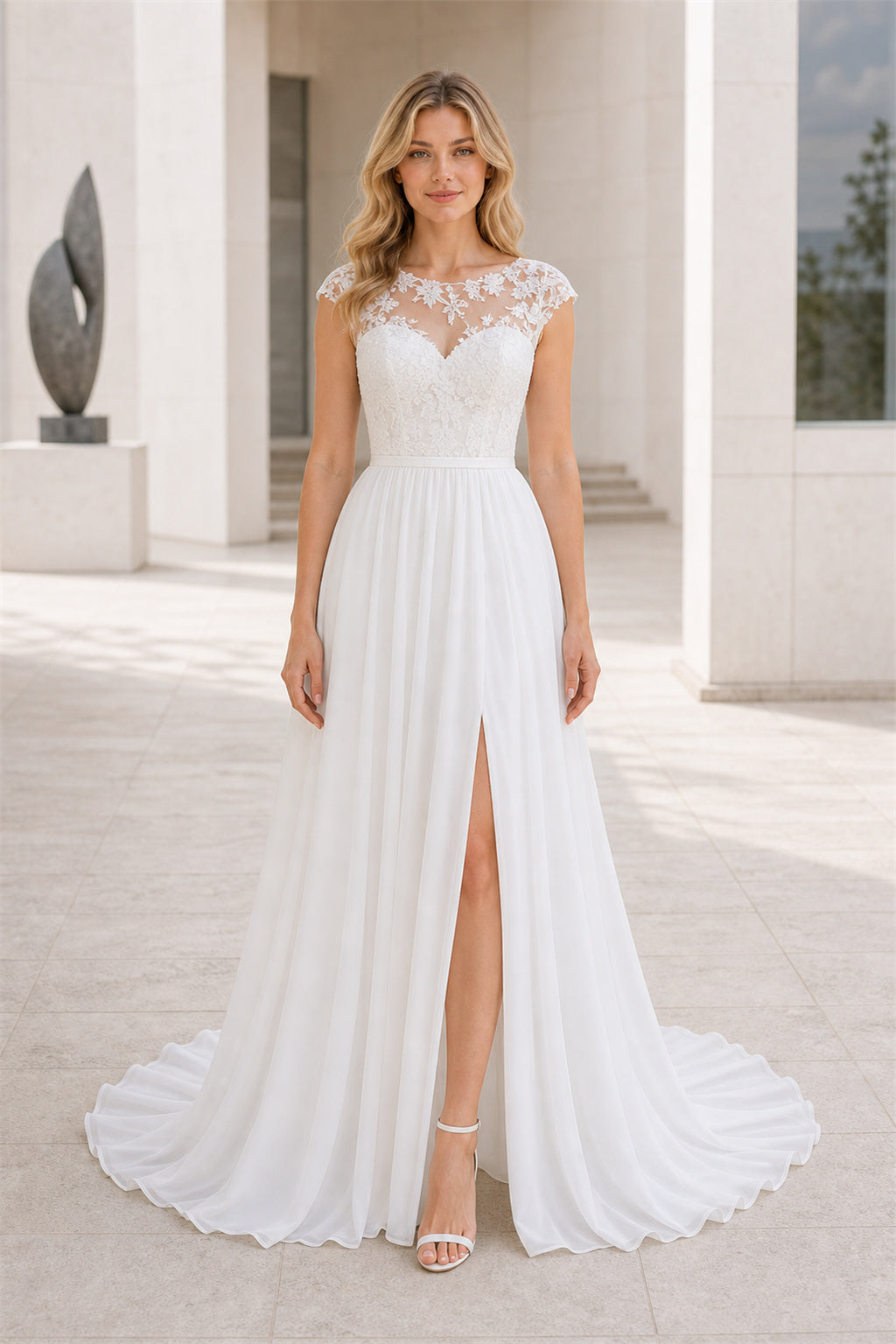 White Scoop Cap Sleeves Mermaid Lace Floor-length Wedding Dress With Lace and Beaded Bodice and Open Back