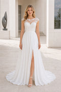 White Scoop Cap Sleeves Mermaid Lace Floor-length Wedding Dress With Lace and Beaded Bodice and Open Back