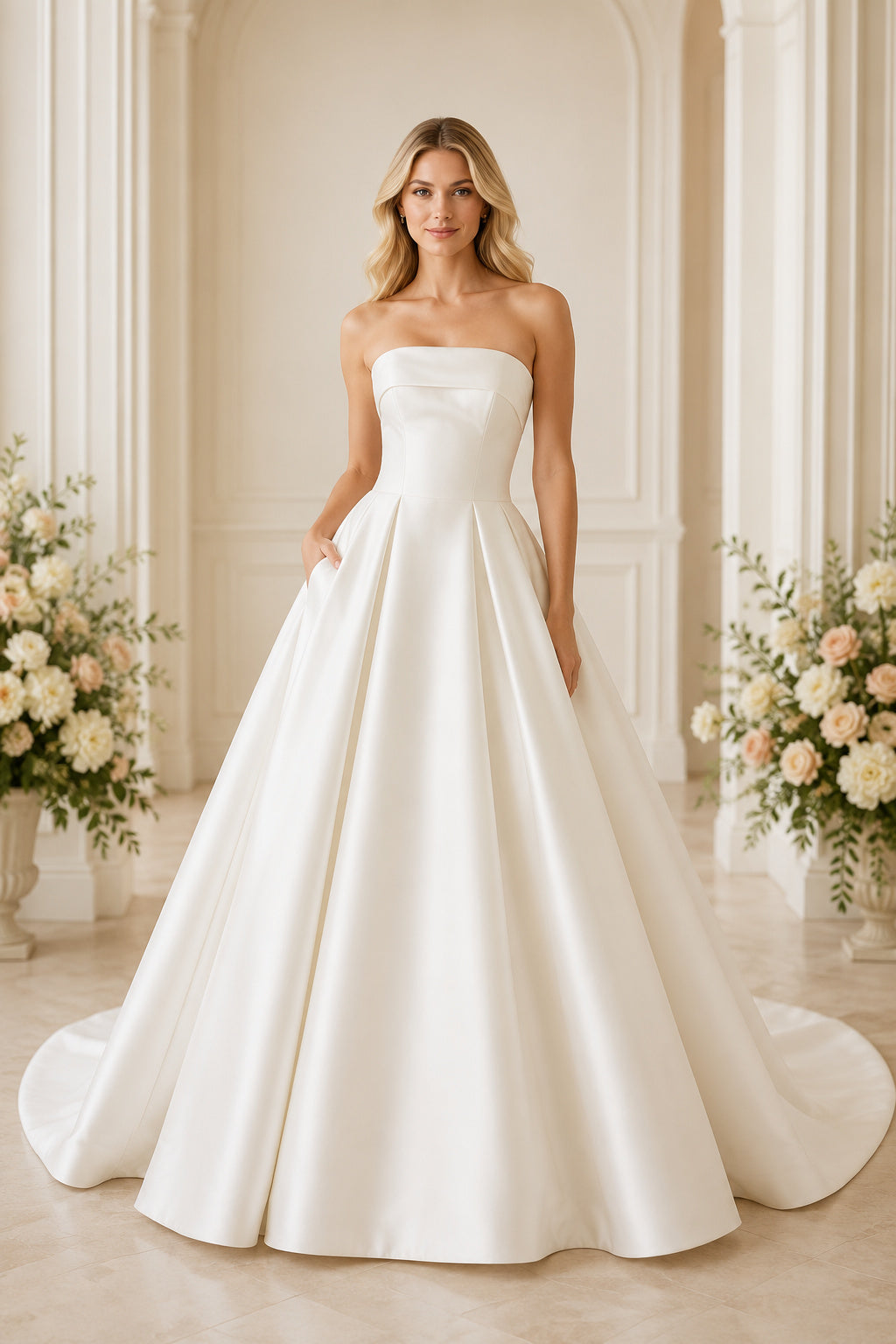 Wedding Ball Gown Satin Dress with Strapless Neckline and Chapel Train Style 720766 front view