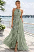 Sage Halter Chiffon A-Line Bridesmaid Dress with Ruched Waist and Front Slit front view