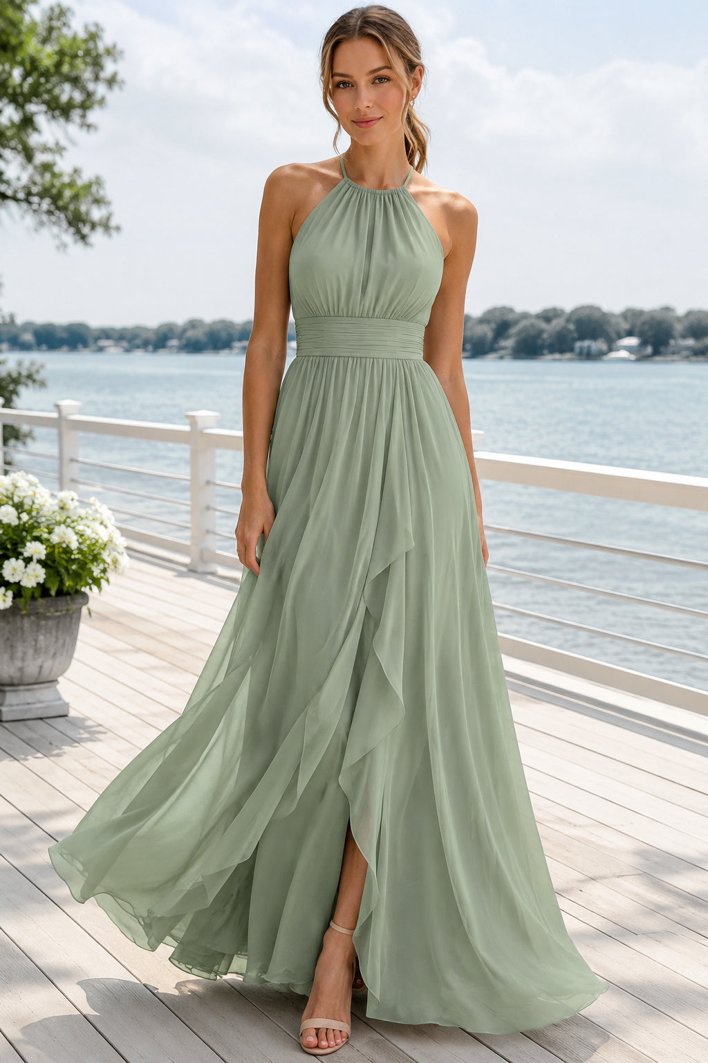 Sage Halter Chiffon A-Line Bridesmaid Dress with Ruched Waist and Front Slit front view