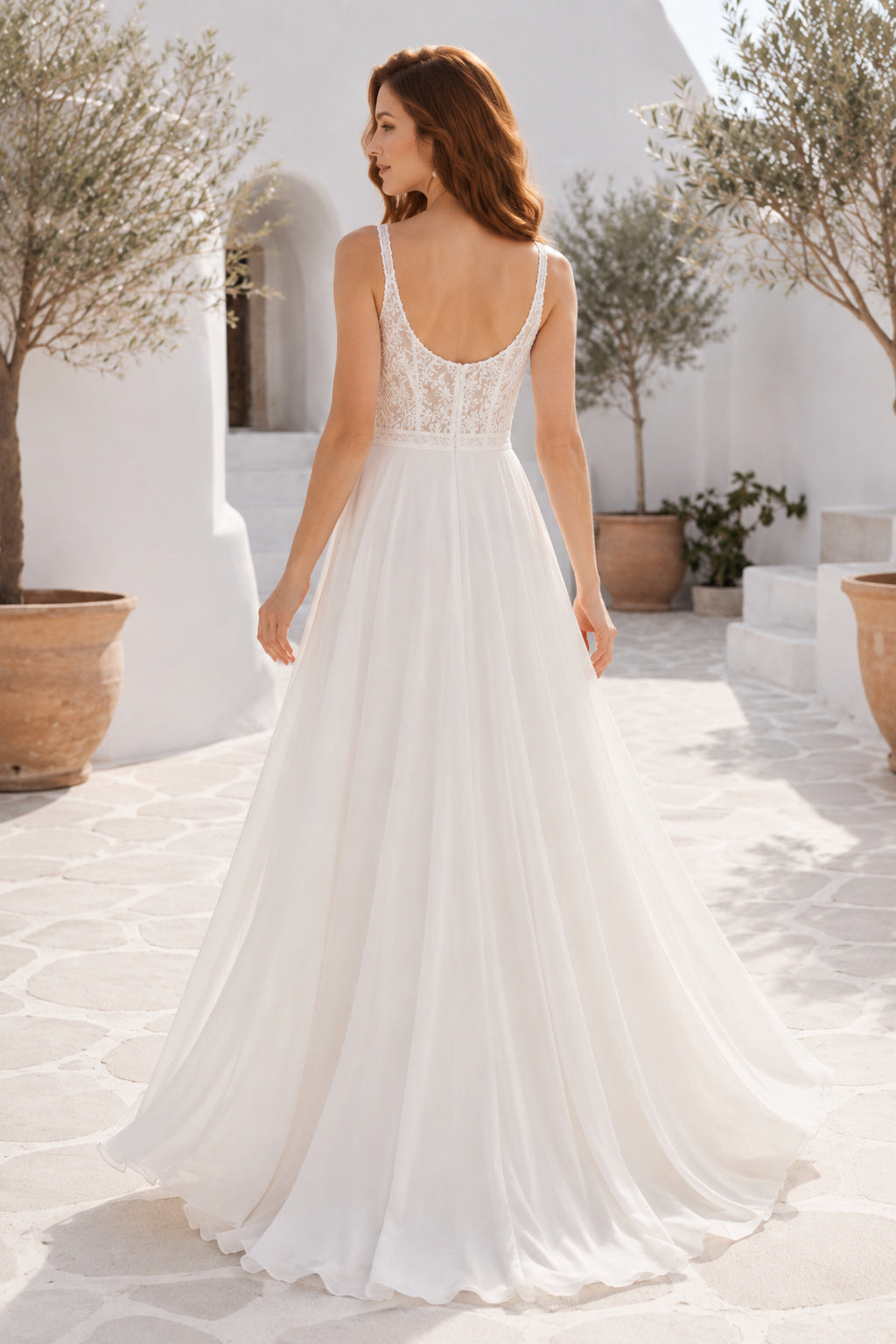 Scoop Neck Sleeveless A-Line Wedding Dress with Lace Bodice and Flowing Chiffon Train back view