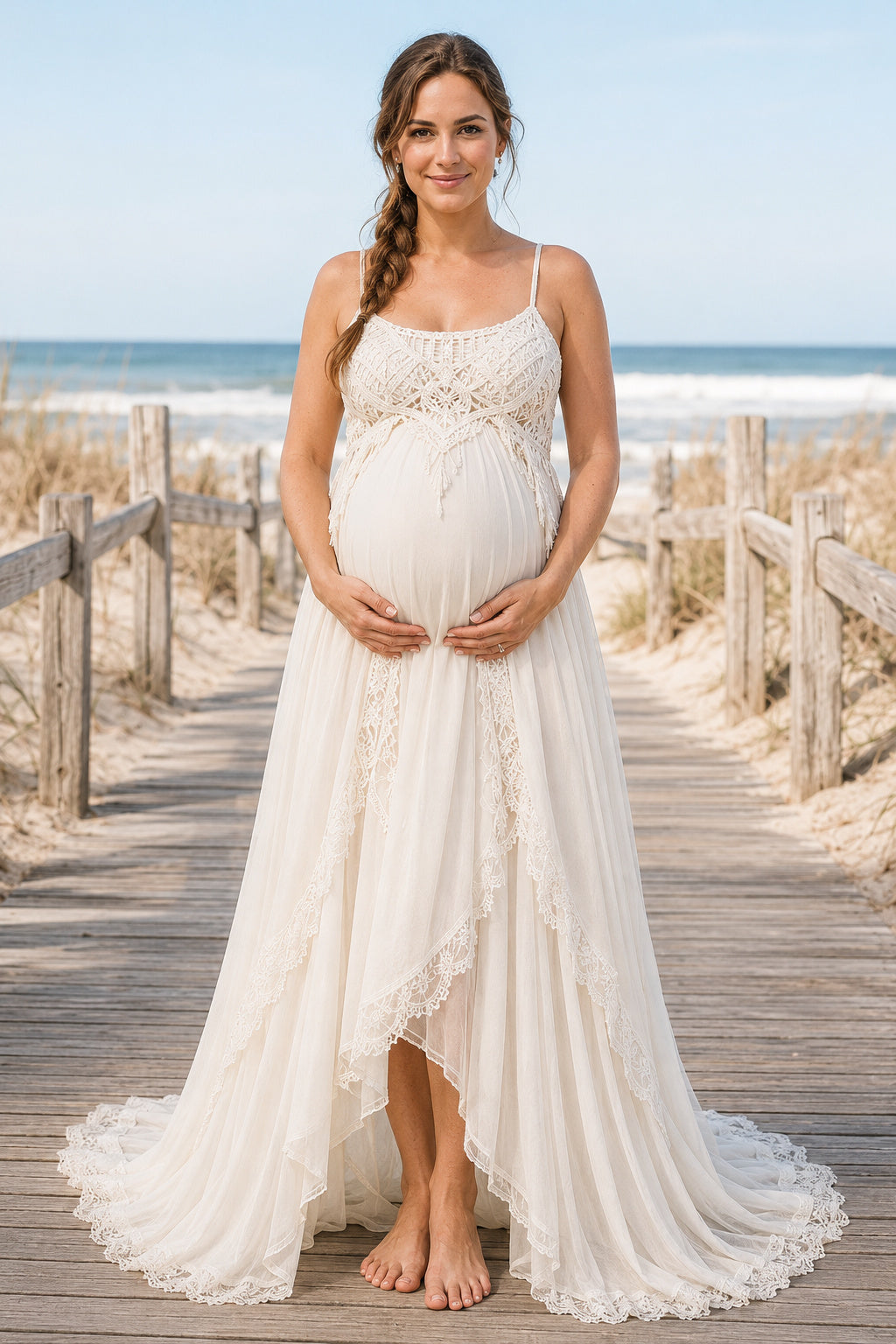 Ivory Spaghetti Strap Maternity Wedding Dress with High-Low Lace Front front view