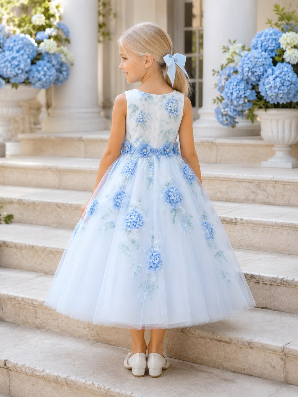 Soft Sky Blue Hydrangea Flower Girl Dress with Sleeveless Tulle A-Line, Floral Appliques, Natural Waist, and Tea-Length Flow