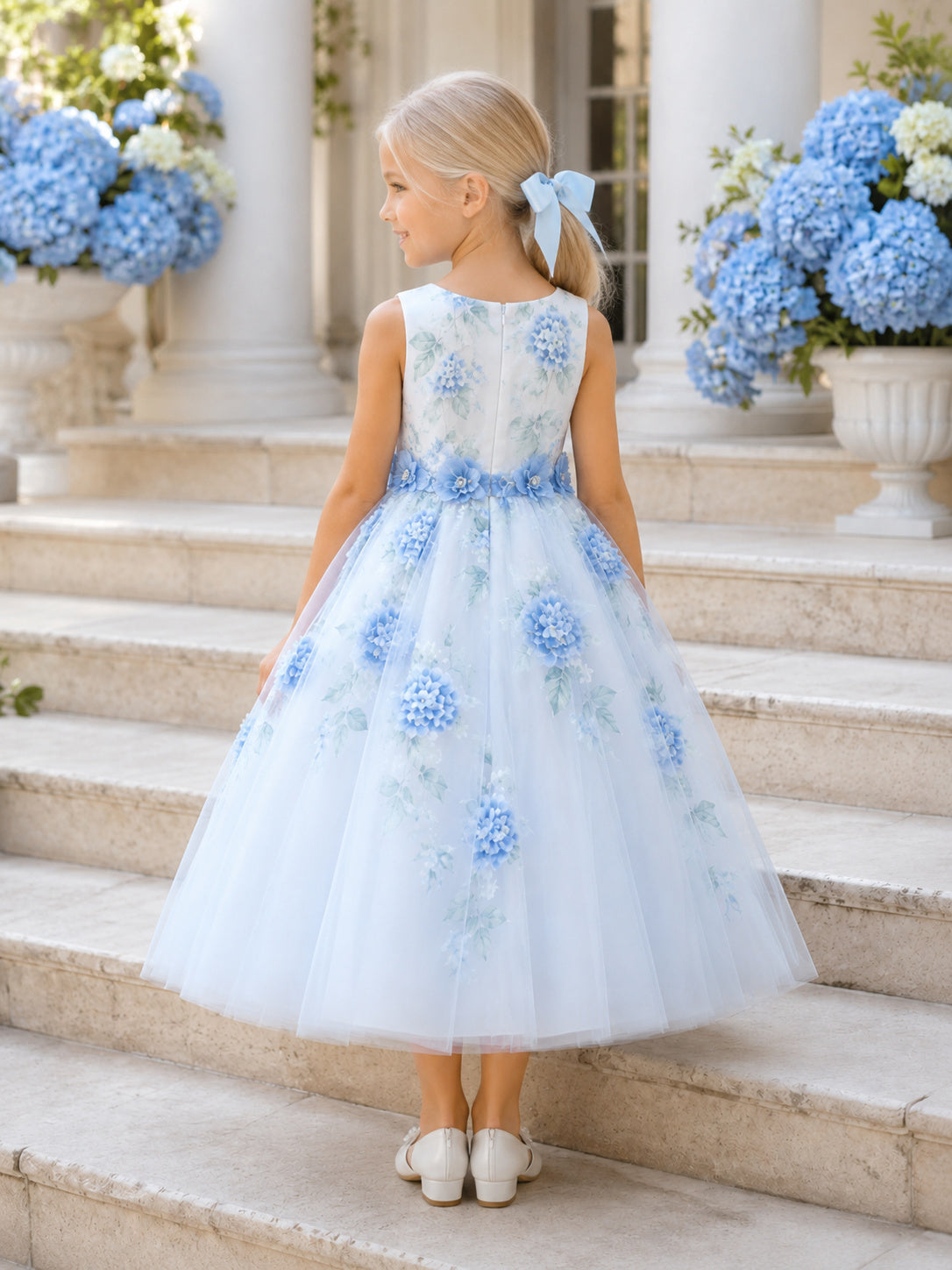 Soft Sky Blue Hydrangea Flower Girl Dress with Sleeveless Tulle A-Line, Floral Appliques, Natural Waist, and Tea-Length Flow