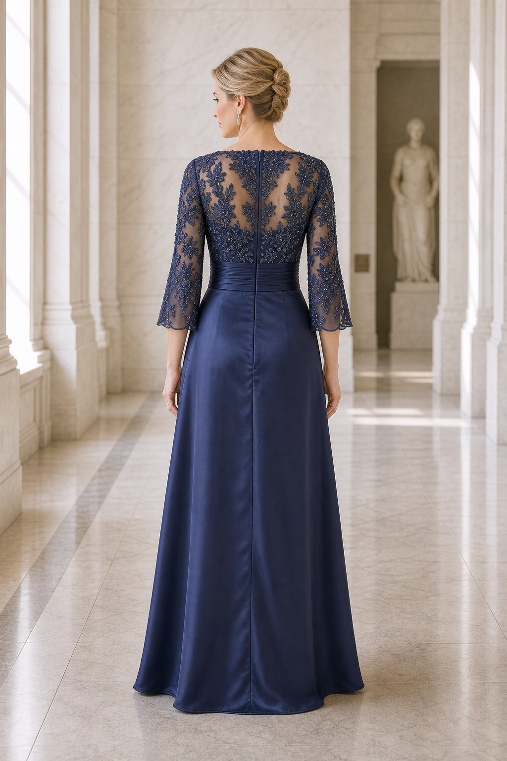 Navy V-neck Three-Quarter Sleeve Sheath Satin Floor-Length Dress With Lace Overlay