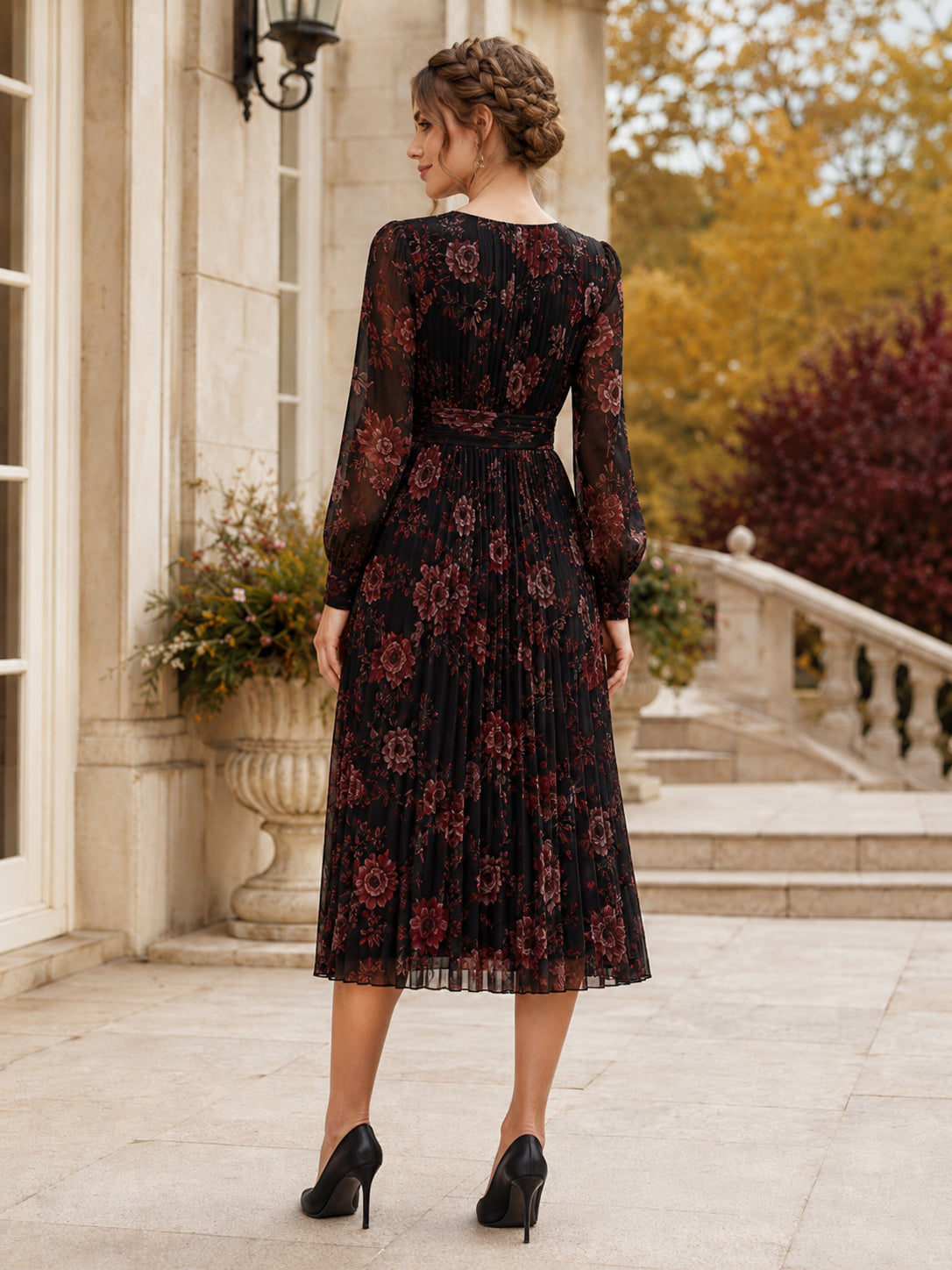 Black Burgundy Floral V Neck Long Sleeve Pleated Midi Guest Dress back view