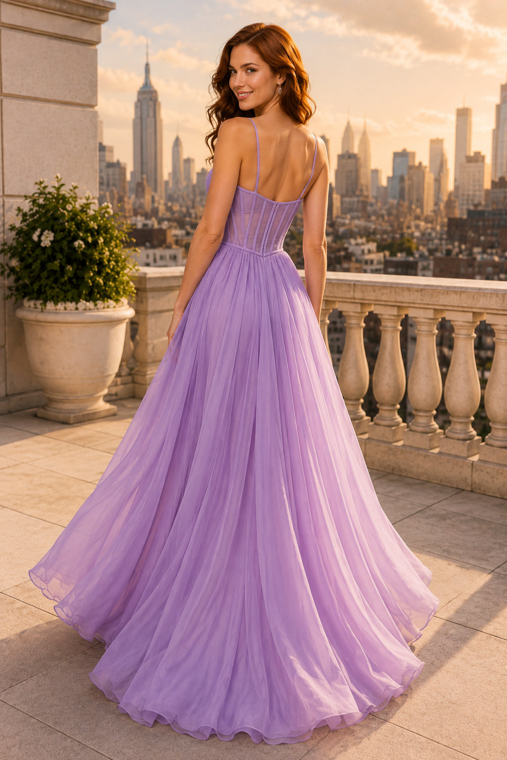 Prom Dress Lavender Tulle A-Line Spaghetti Strap with Slit Floor Length back view