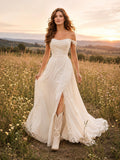 Country Simple Romantic A-Line Chiffon Wedding Dress with Off Shoulder Sweetheart Sleeveless Floor-Length Train Split Skirt D