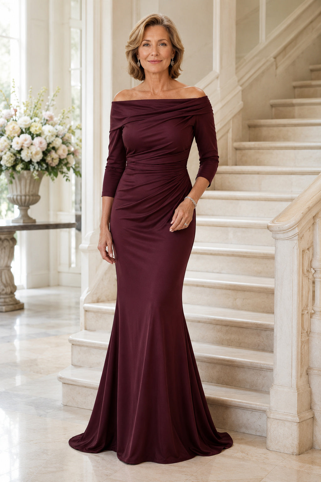 Burgundy Off Shoulder Jersey Mermaid Mother Dress with Three Quarter Sleeves and Ruching front view