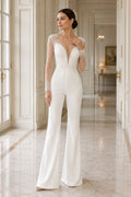 White Long Sleeve Lace Illusion Bridal Jumpsuit front view