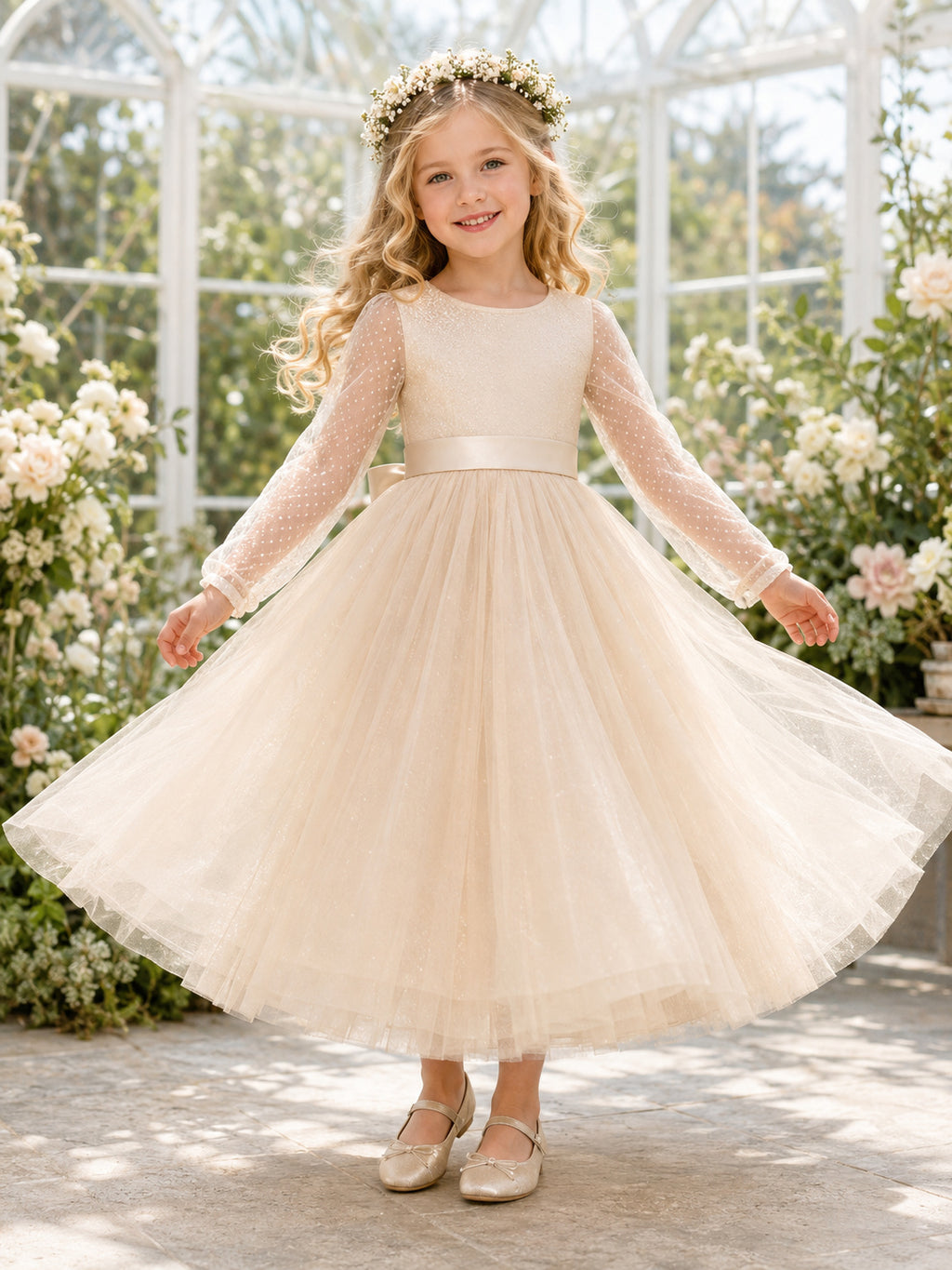 Champagne Tulle A-Line Flower Girl Dress with Sleeveless, Jewel Neck, Tea-Length Skirt, Bow Detail front view