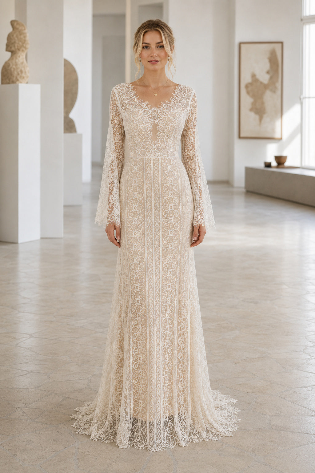 White Square A-Line Lace Floor-length Wedding Dress With Lace and Beaded Waist and Open Back
