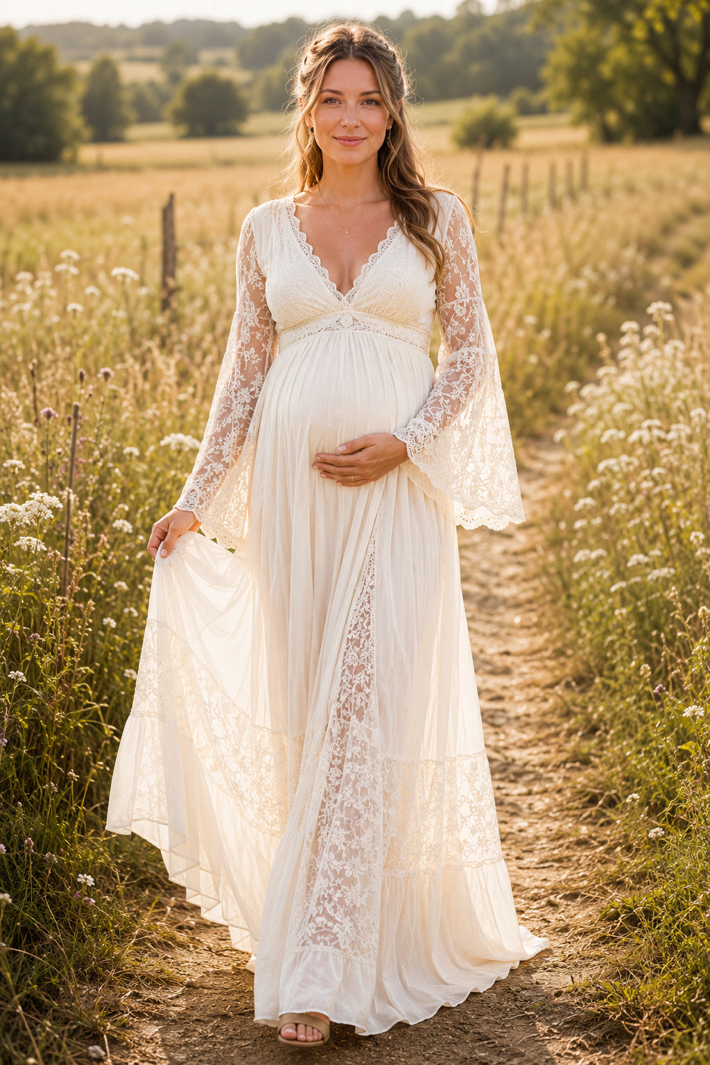 Ivory Maternity V-Neck Bell Sleeve Lace A-Line Wedding Dress with Split Front front view