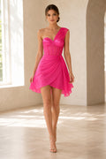 Cocktail Dress Fuchsia Chiffon A-Line One Shoulder Sleeveless High Low front view
