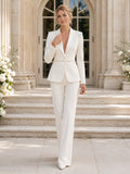 Modern Notched Long Sleeve Tailored Two Piece Courthouse Wedding Pantsuit front view