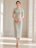Mint Houndstooth Bateau Short Sleeve Tailored Midi Dress front view