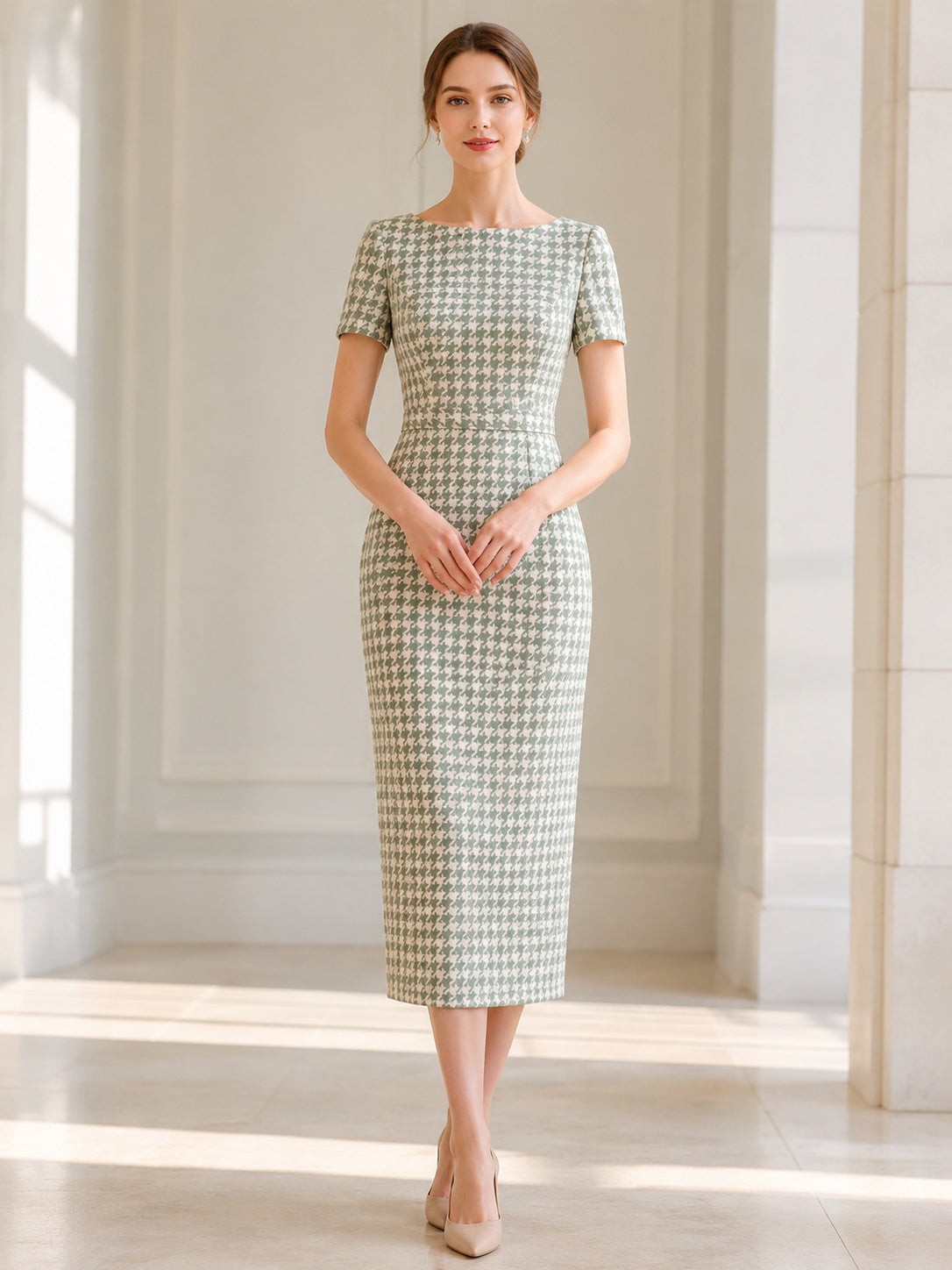 Mint Houndstooth Bateau Short Sleeve Tailored Midi Dress front view