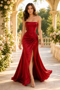 Red Strapless Satin Mermaid Prom Dress with Ruched Waist and High Slit front view