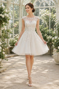 High Neck Lace Knee Length Wedding Dress Style 720206 front view
