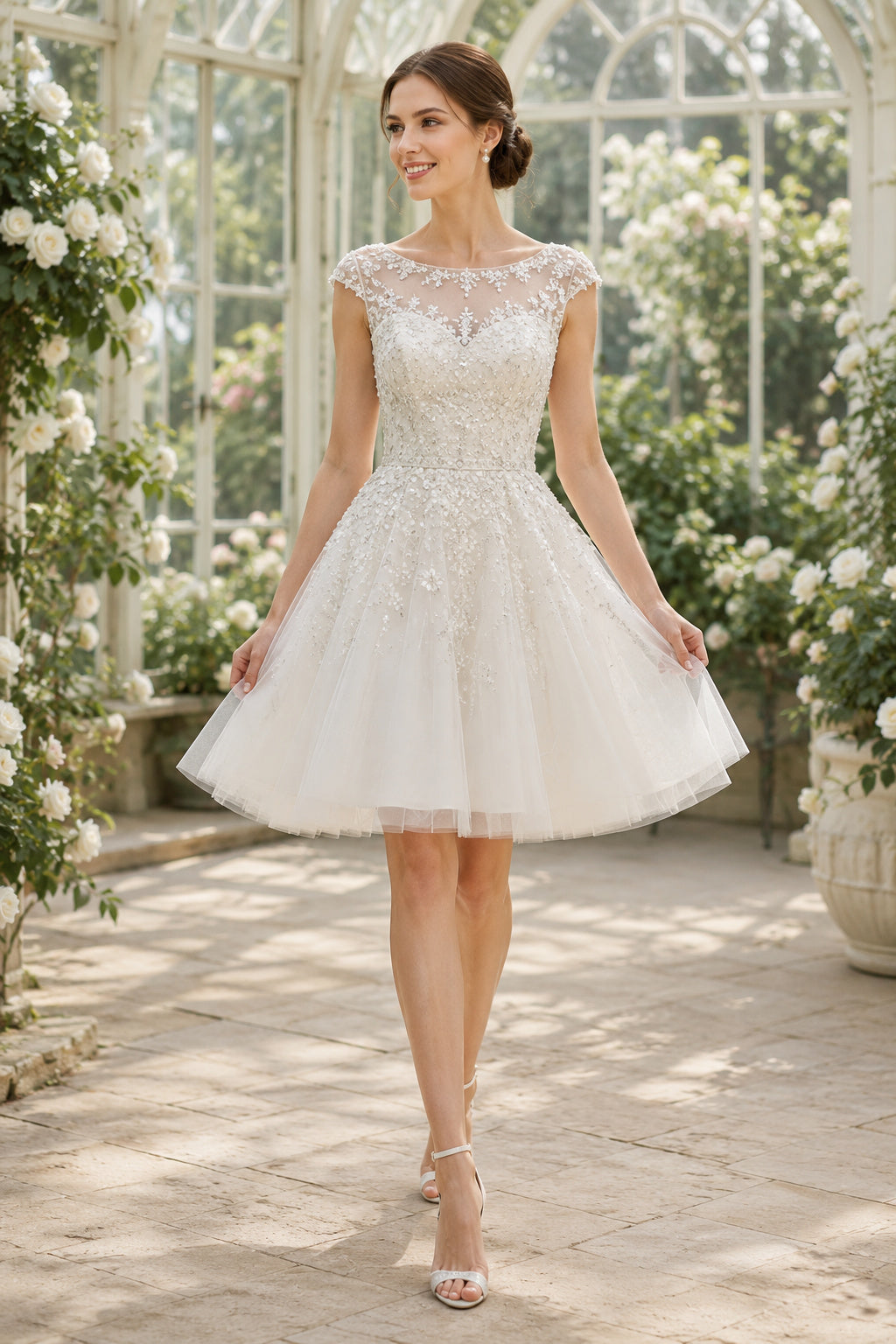 High Neck Lace Knee Length Wedding Dress Style 720206 front view
