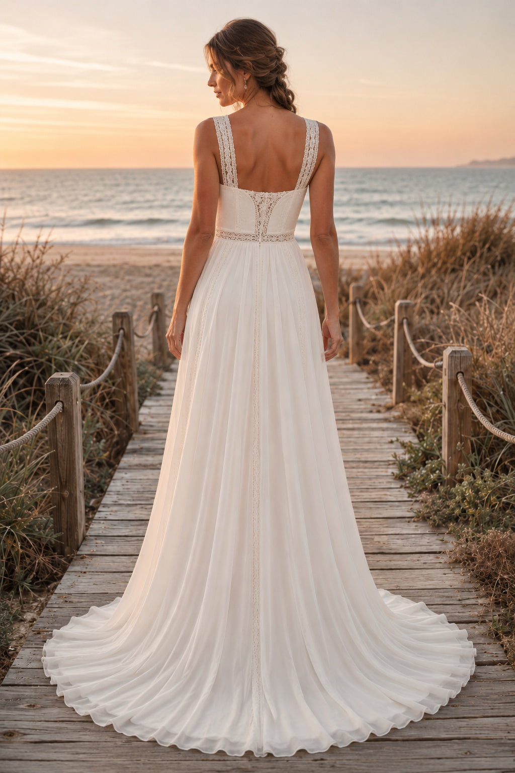 Ivory Square Strap Chiffon A-Line Wedding Dress Lace Bodice Train for Bridal Ceremony and Reception back view