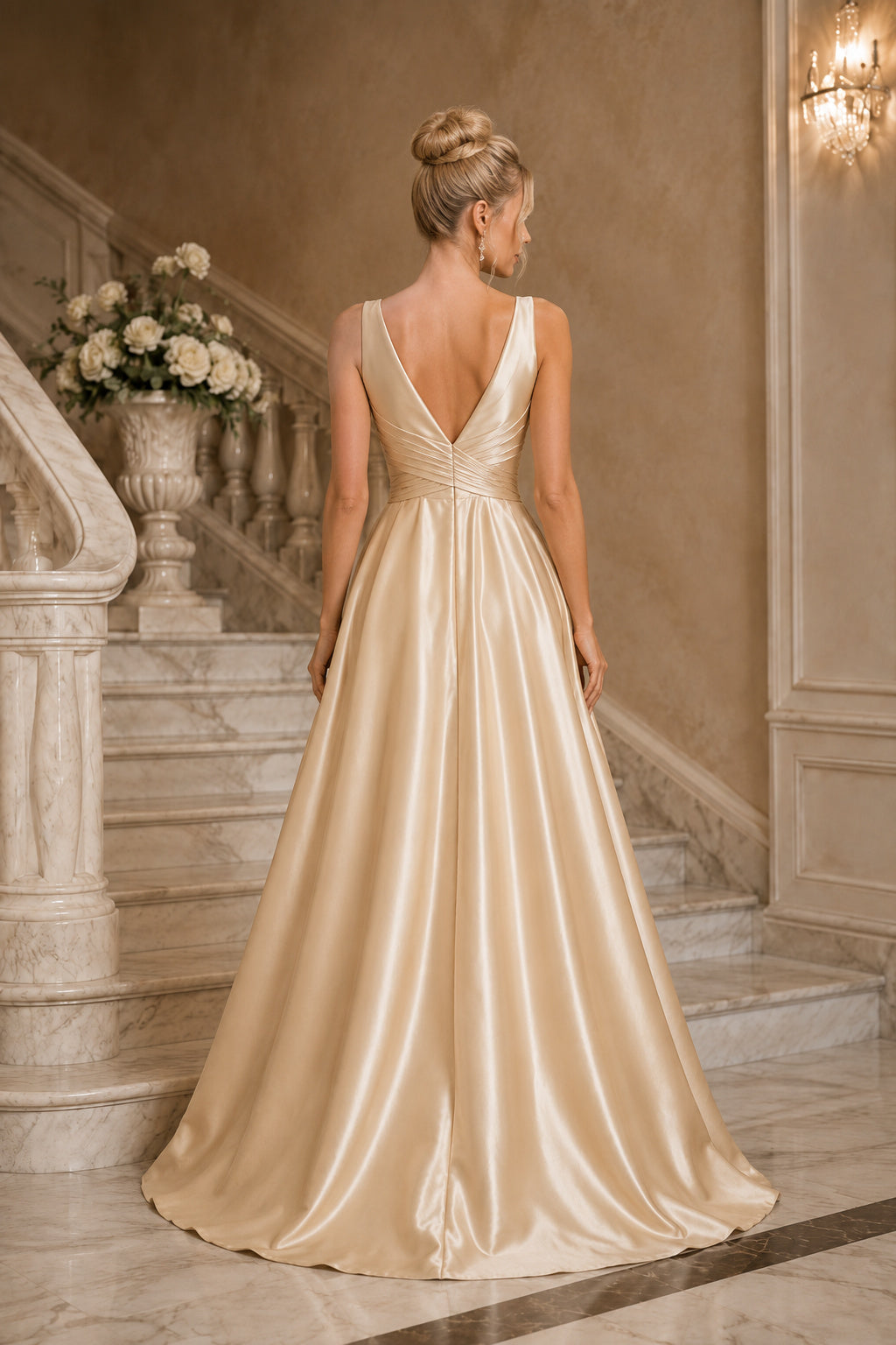 Champagne V-Neck Satin A-Line Formal Dress with Ruched Bodice and Floor Skirt back view