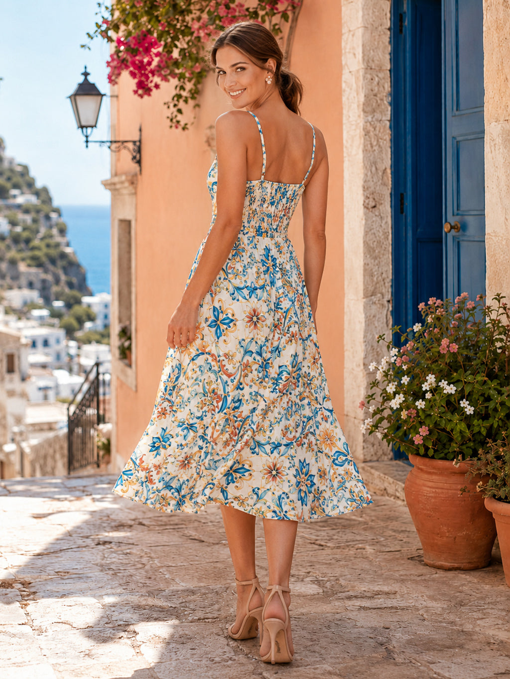 Blue Italian Ceramic Spaghetti Strap High Low Midi Dress back view
