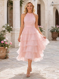 Blush Pink Halter Neck Tiered Ruffle Tulle Tea Length A Line Dress front view